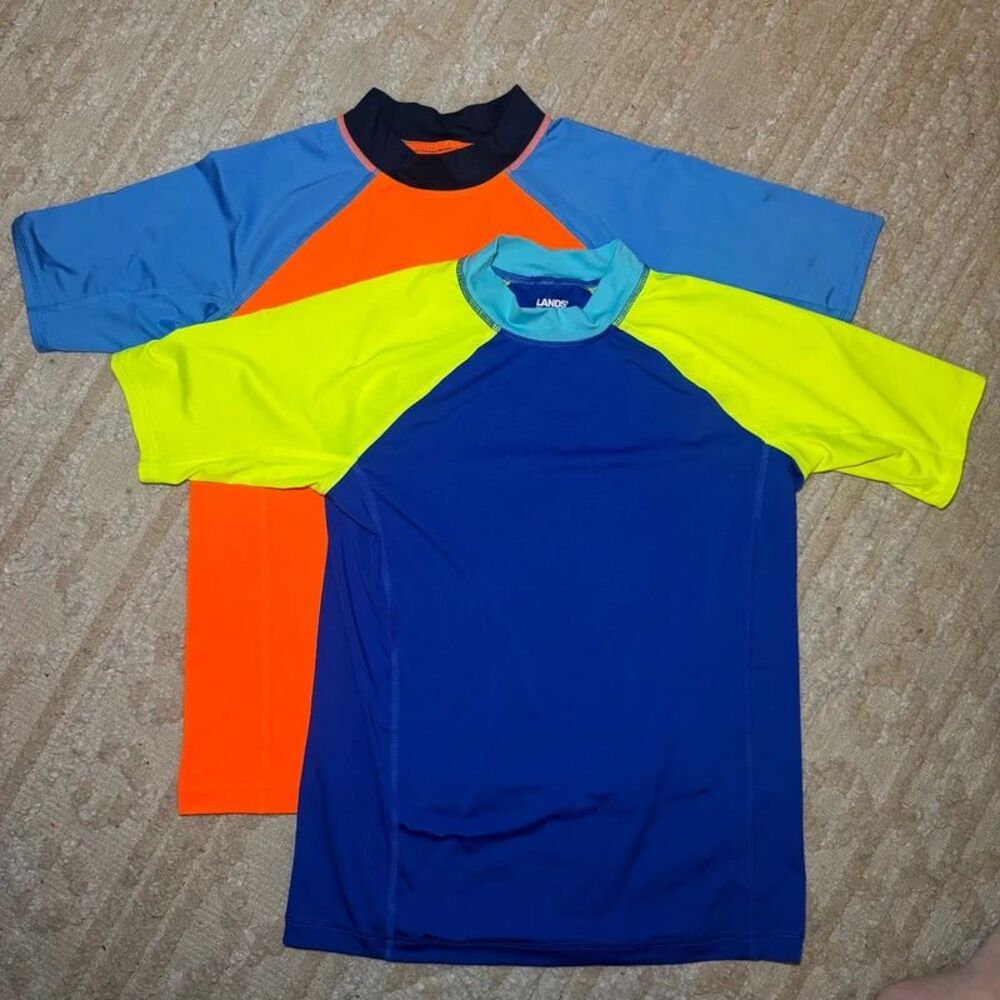 Lands’ End HUSKY Rash Guard Swim Shirts Lot of 2 Boys XL 14H-16H Colorblock